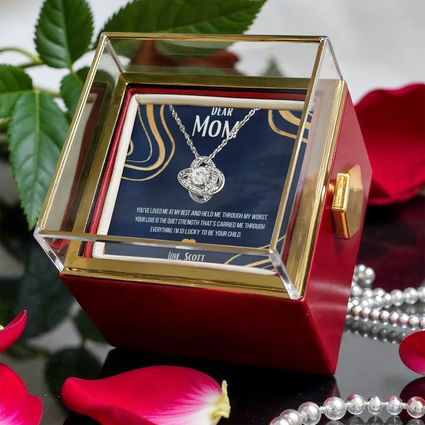 Love Knot Necklace in rotating box with a rose - RRM05
