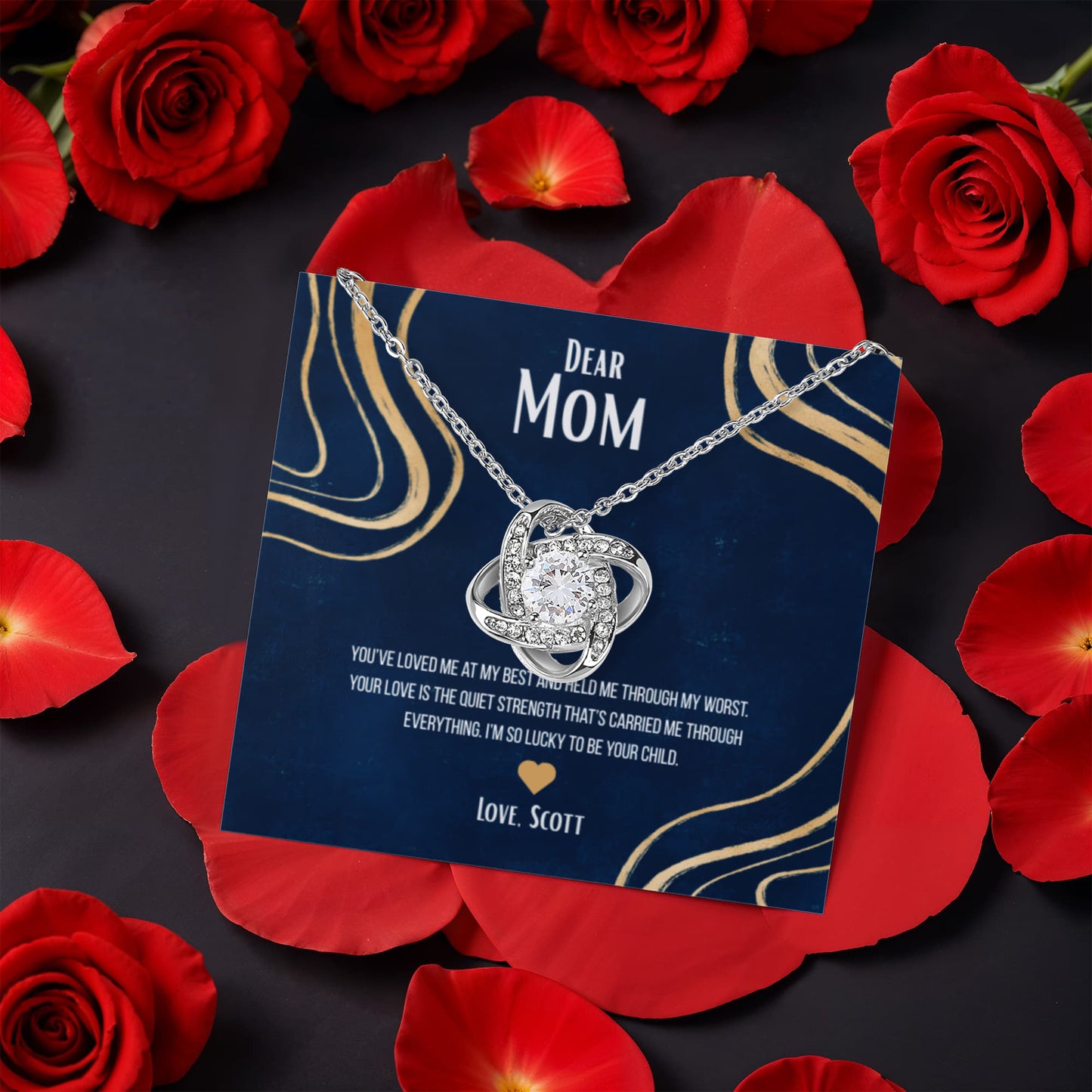 Love Knot Necklace in rotating box with a rose - RRM05