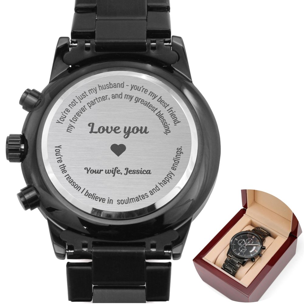 Engraved Black Chronograph Watch – Personalized Gift for Husband - EWH01