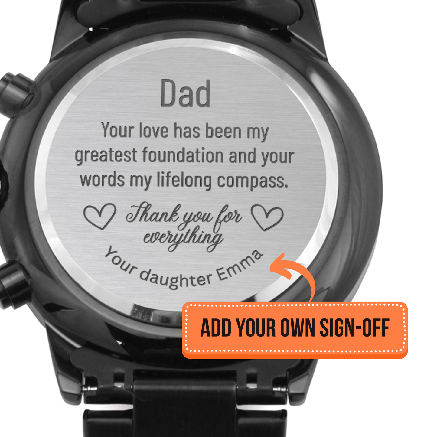Personalized Gift for Dad - Engraved Black Chronograph Watch with custom sign-off, WED04