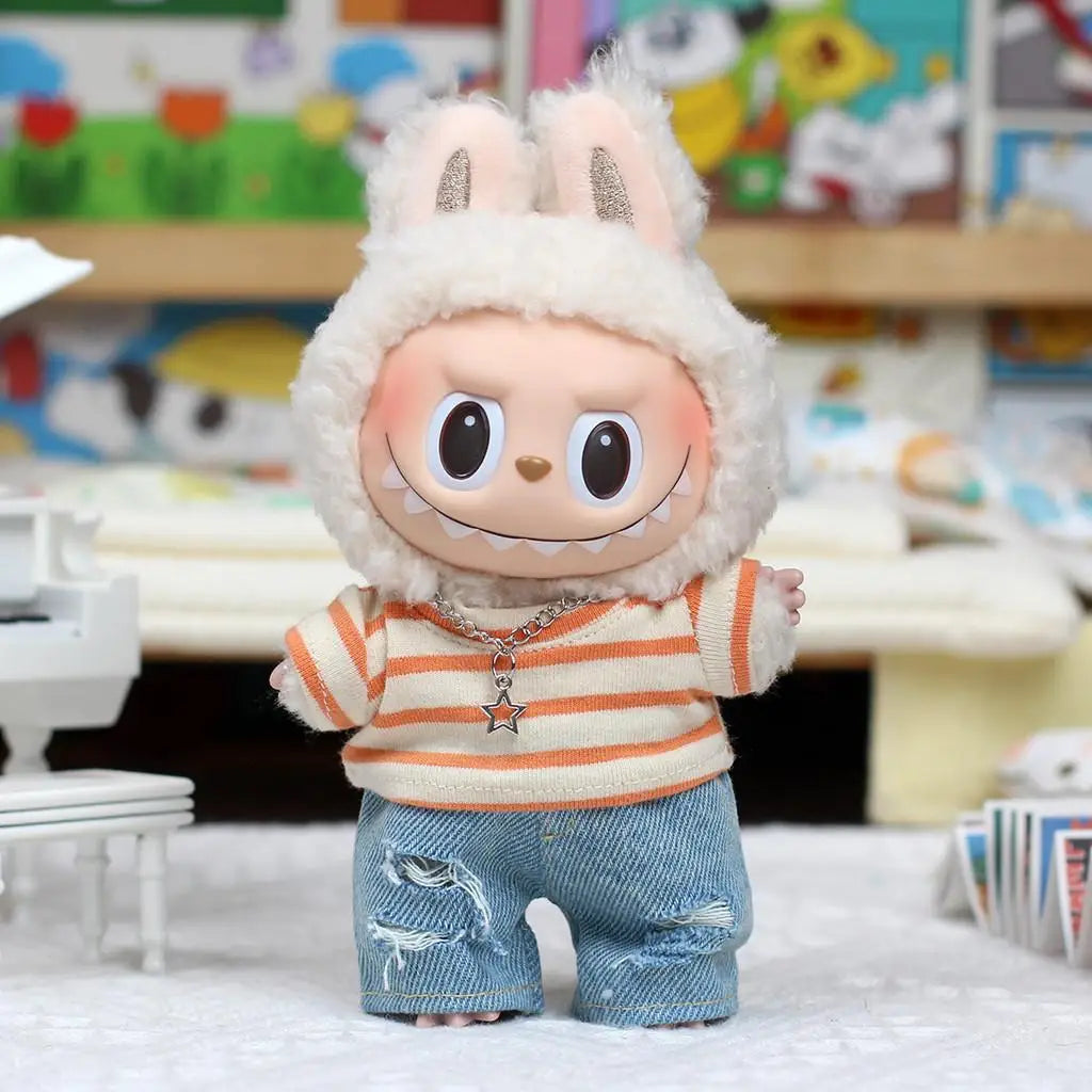 Mini Doll'S Clothes Outfit Accessories For 15-17cm Ropa Labubu and 10cm cotton doll Striped T-shirt 3-piece set Clothing