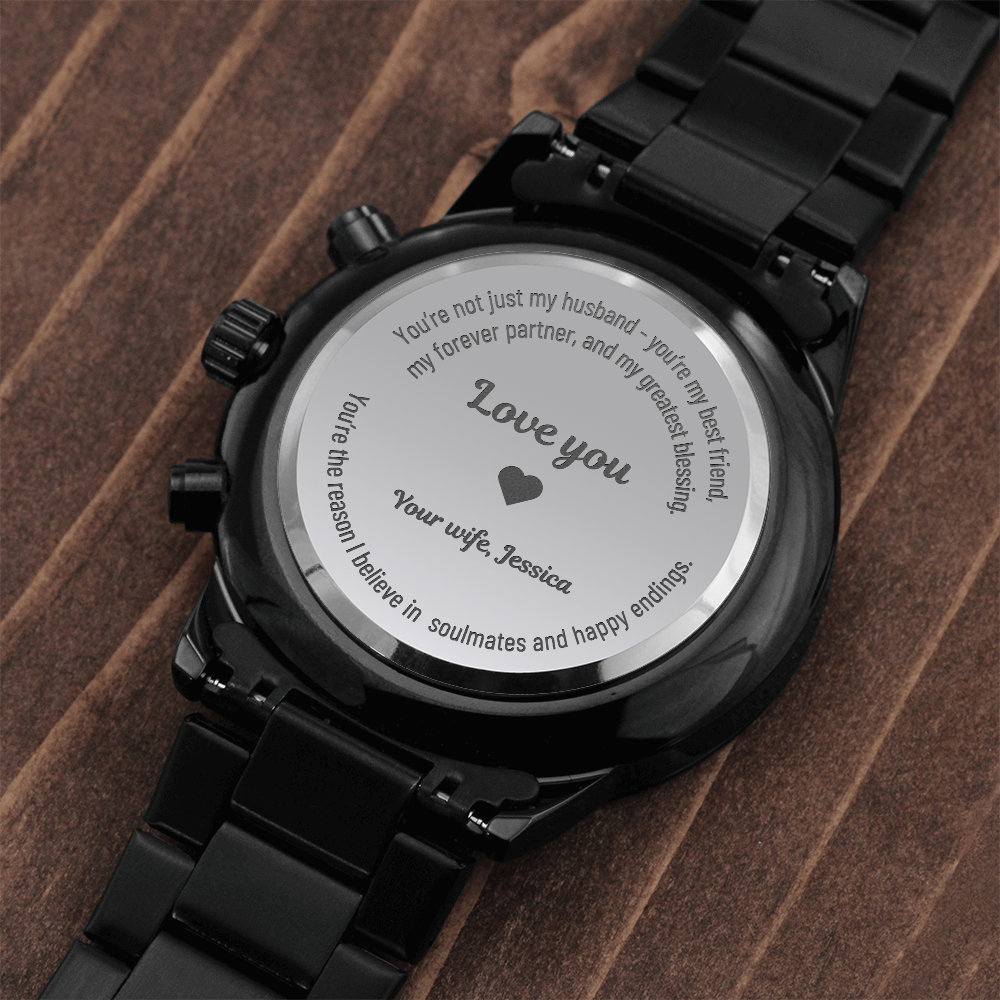 Engraved Black Chronograph Watch – Personalized Gift for Husband - EWH01