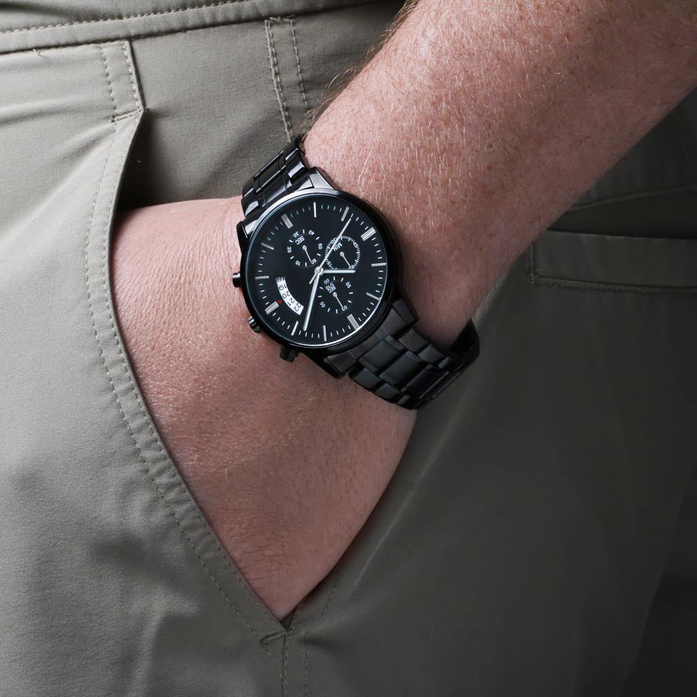 Engraved Black Chronograph Watch - thoughtful gift for father, WED07