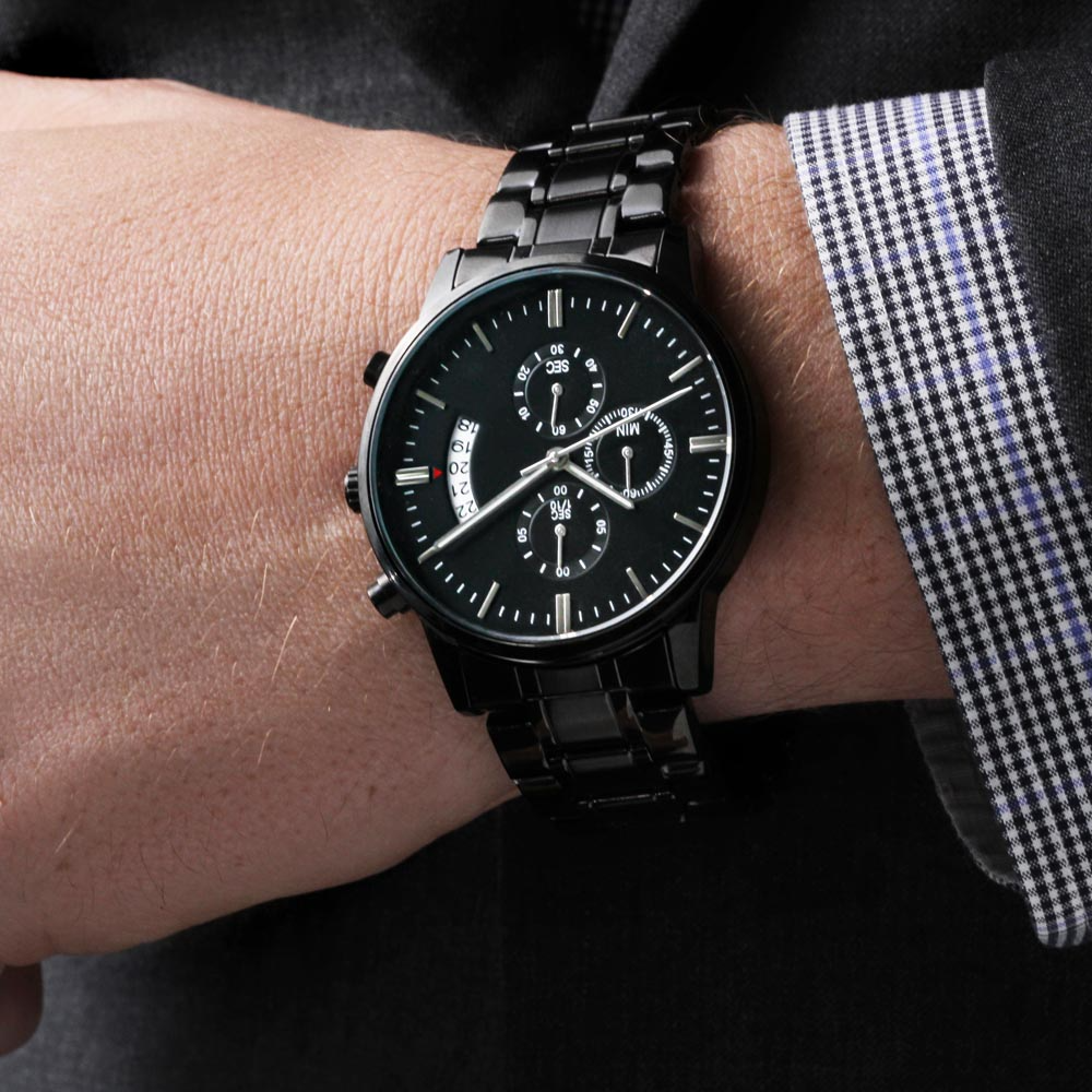Engraved Black Chronograph Watch – Personalized Gift for Husband - EWH01