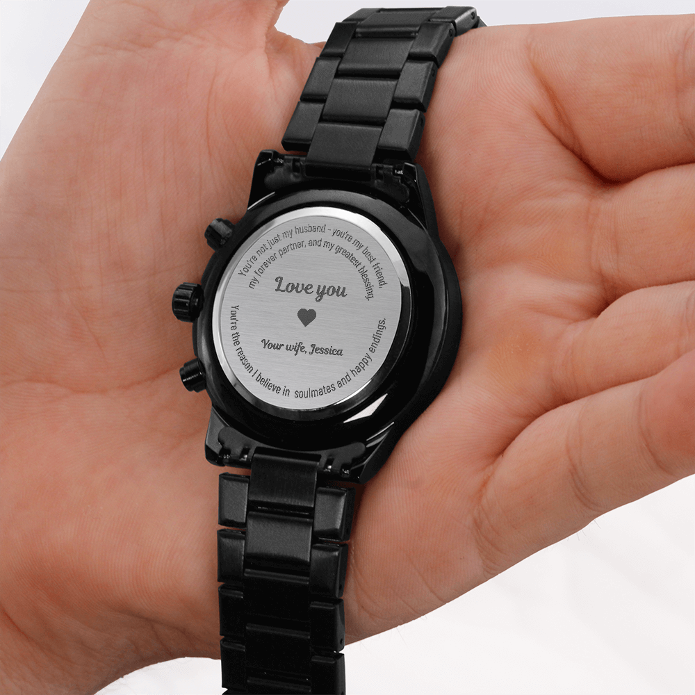Engraved Black Chronograph Watch – Personalized Gift for Husband - EWH01