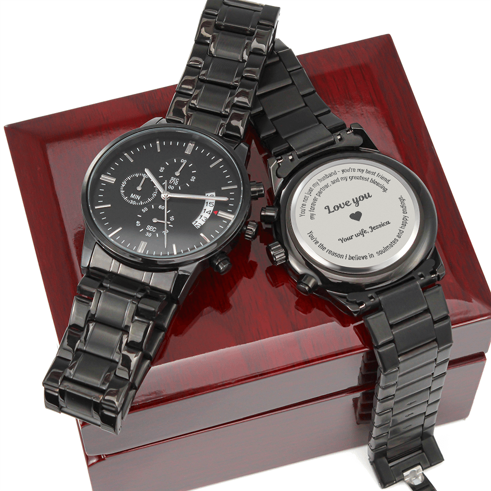 Engraved Black Chronograph Watch – Personalized Gift for Husband - EWH01