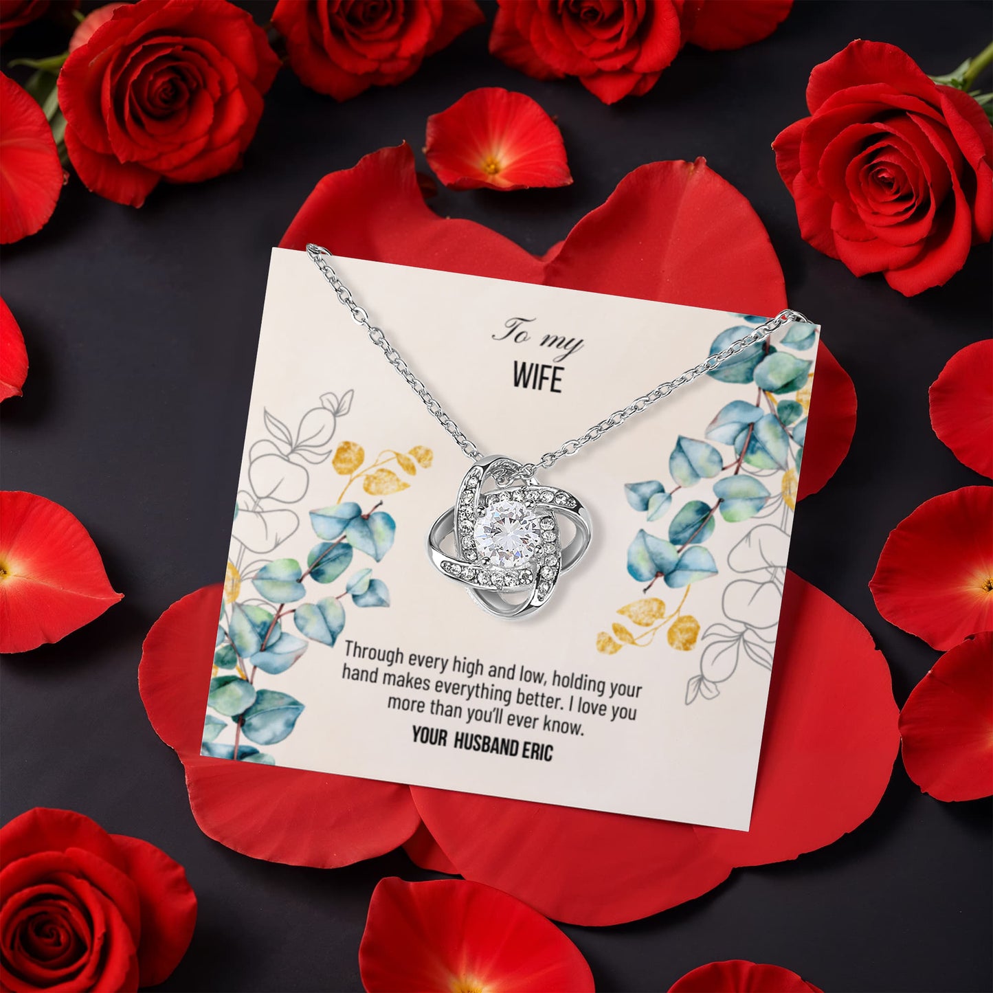 Love Knot Necklace with message card for wife in rotating rose gift box - RRW06