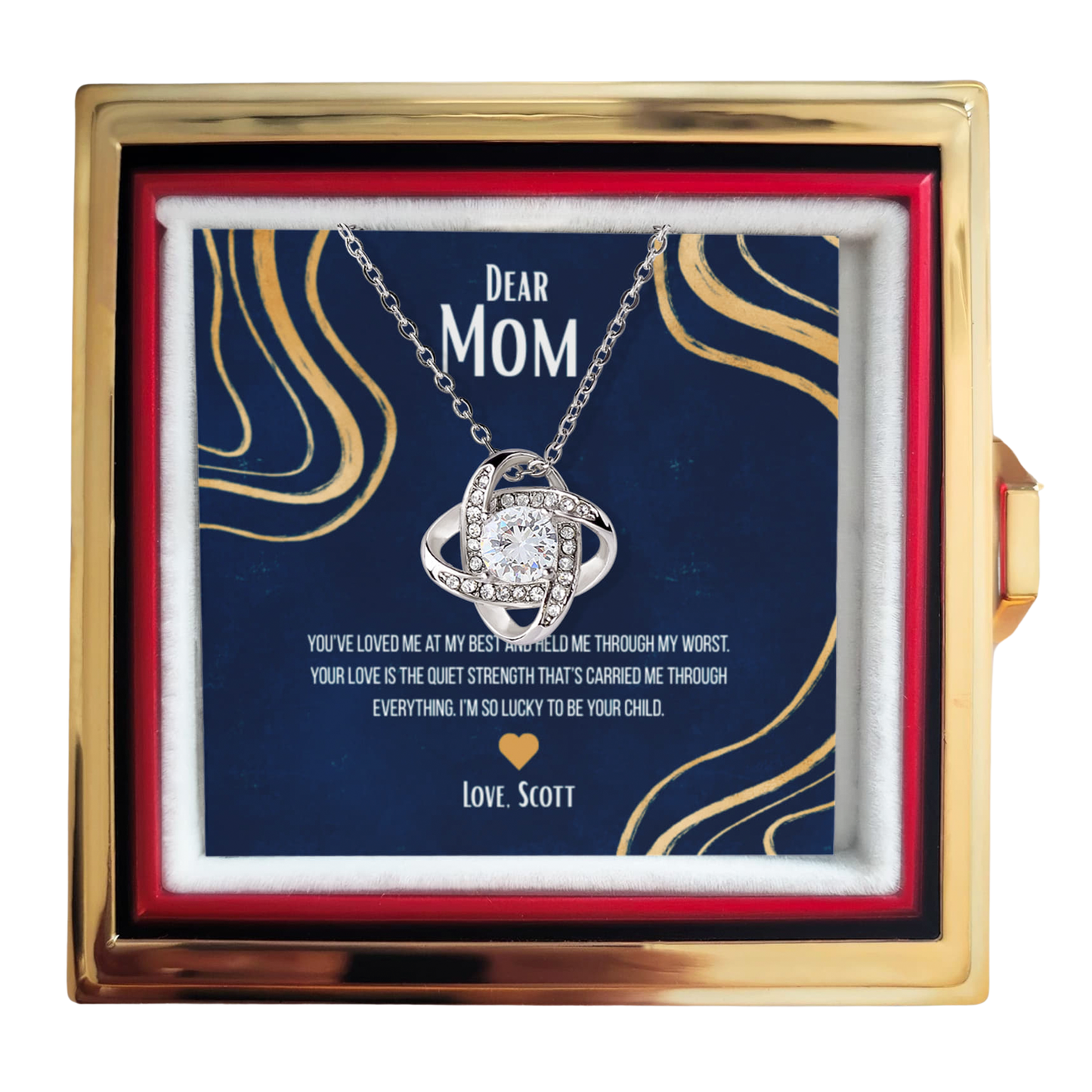 Love Knot Necklace in rotating box with a rose - RRM05
