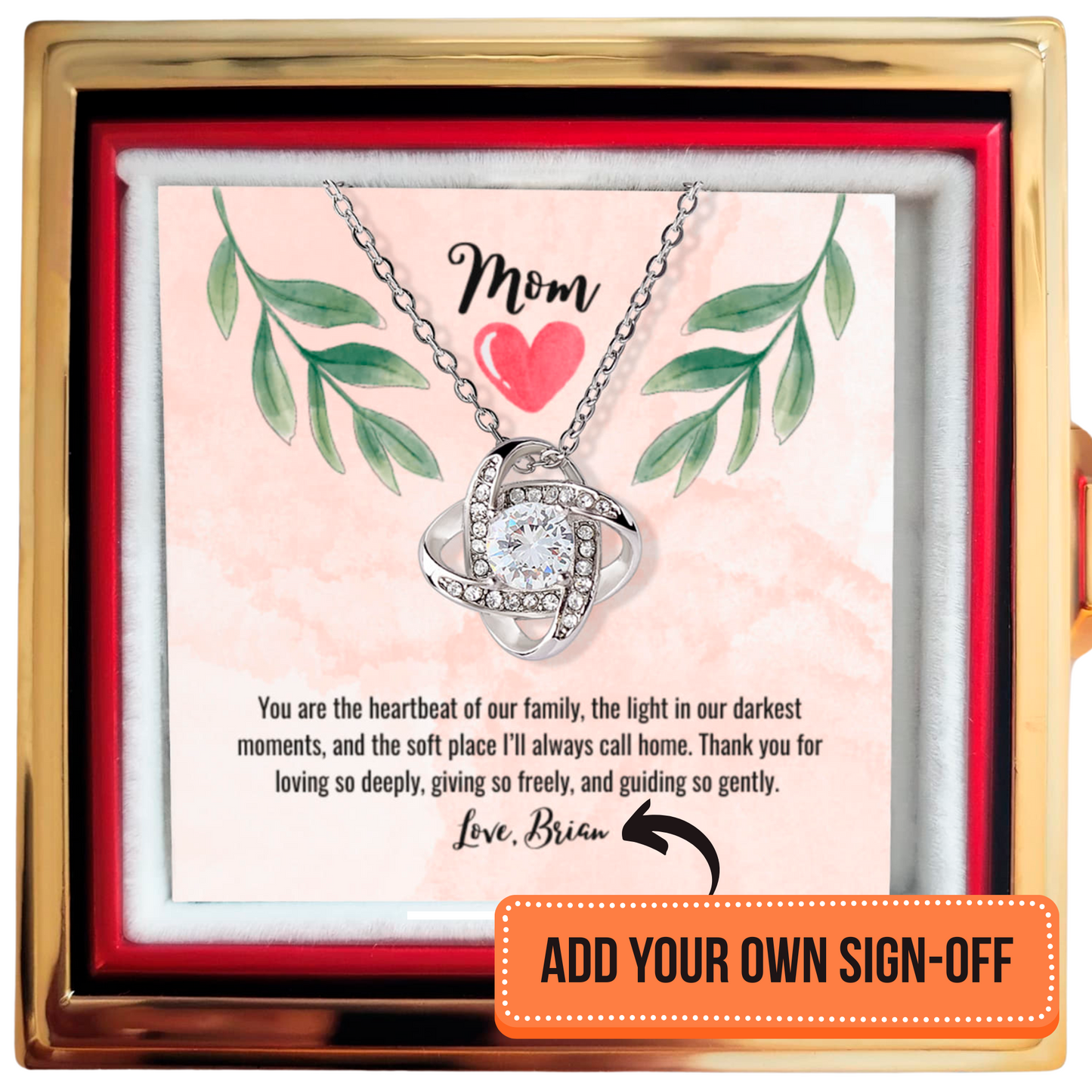 Love Knot Necklace in rotating box with a rose on the opposite side - RRM08