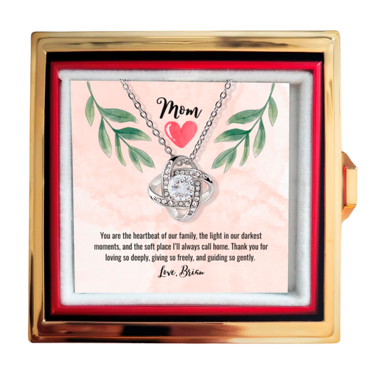 Love Knot Necklace in rotating box with a rose on the opposite side - RRM08