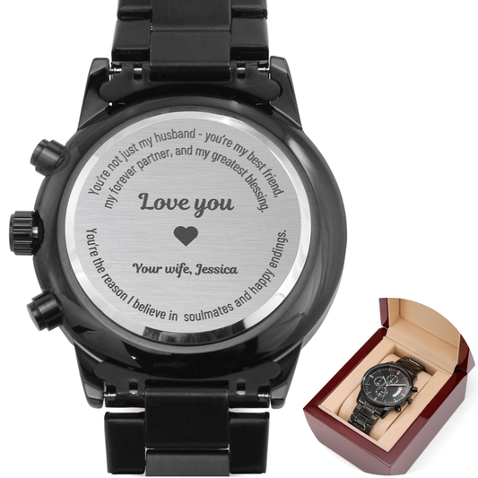 Engraved Black Chronograph Watch – Personalized Gift for Husband - EWH01