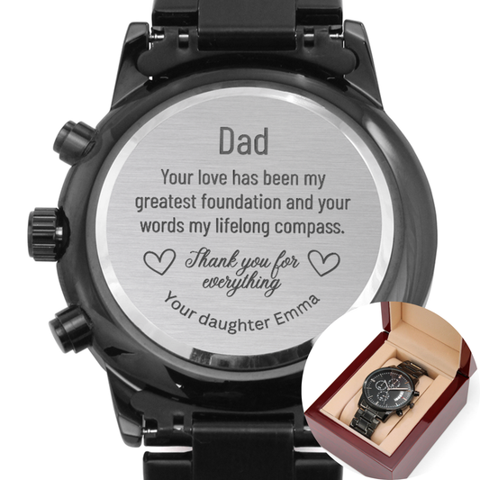 Personalized Gift for Dad - Engraved Black Chronograph Watch with custom sign-off, WED04