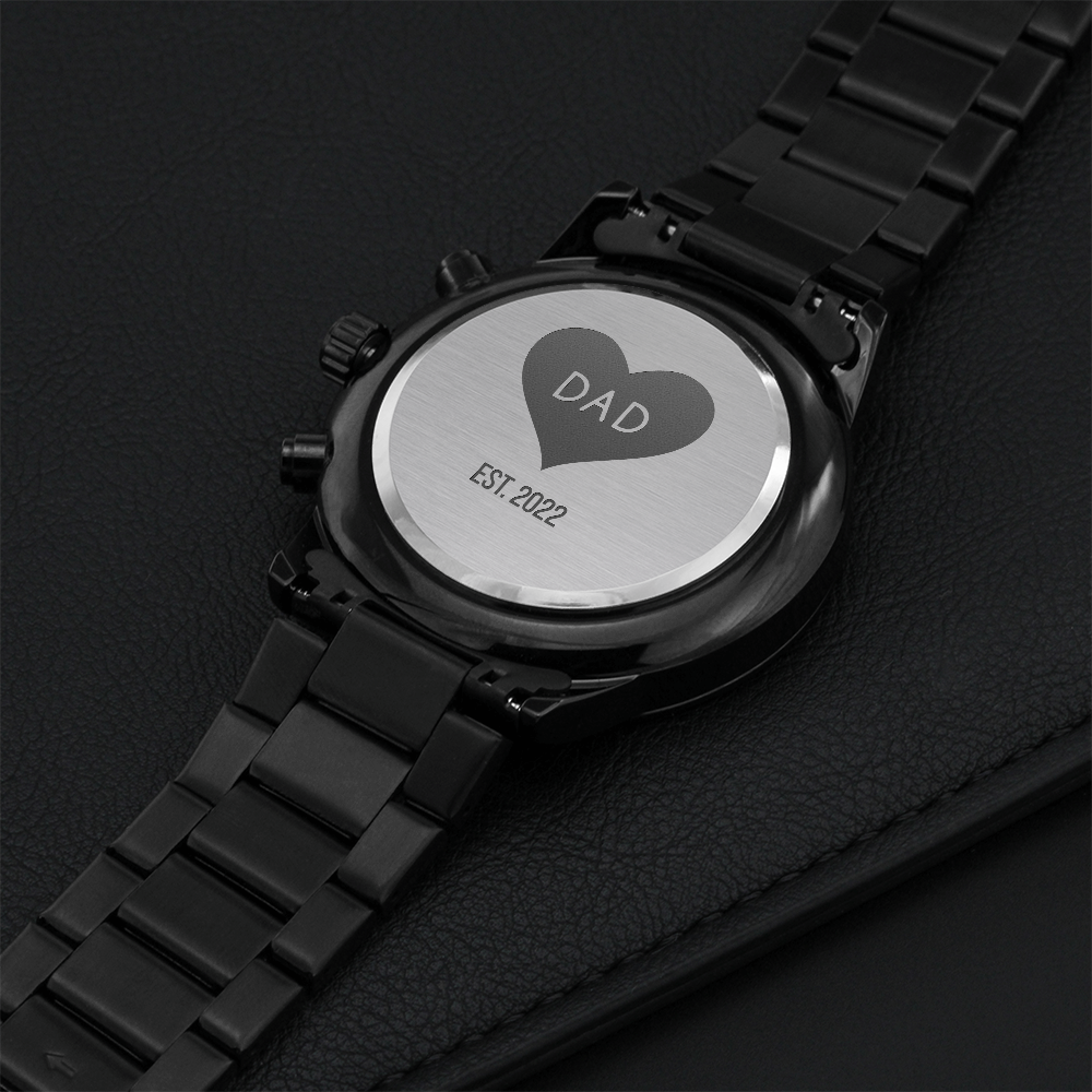 Custom Engraved Black Chronograph Watch with personalized date, WED05