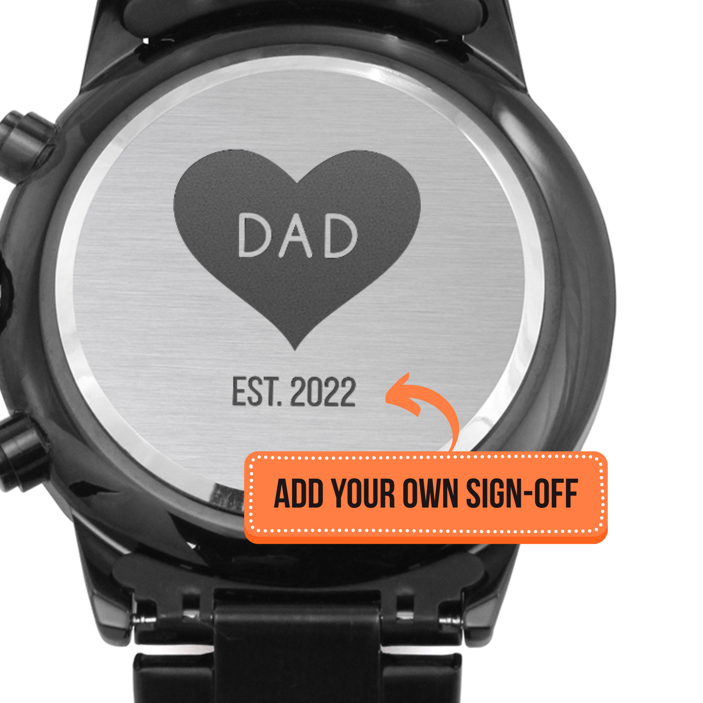 Custom Engraved Black Chronograph Watch with personalized date, WED05