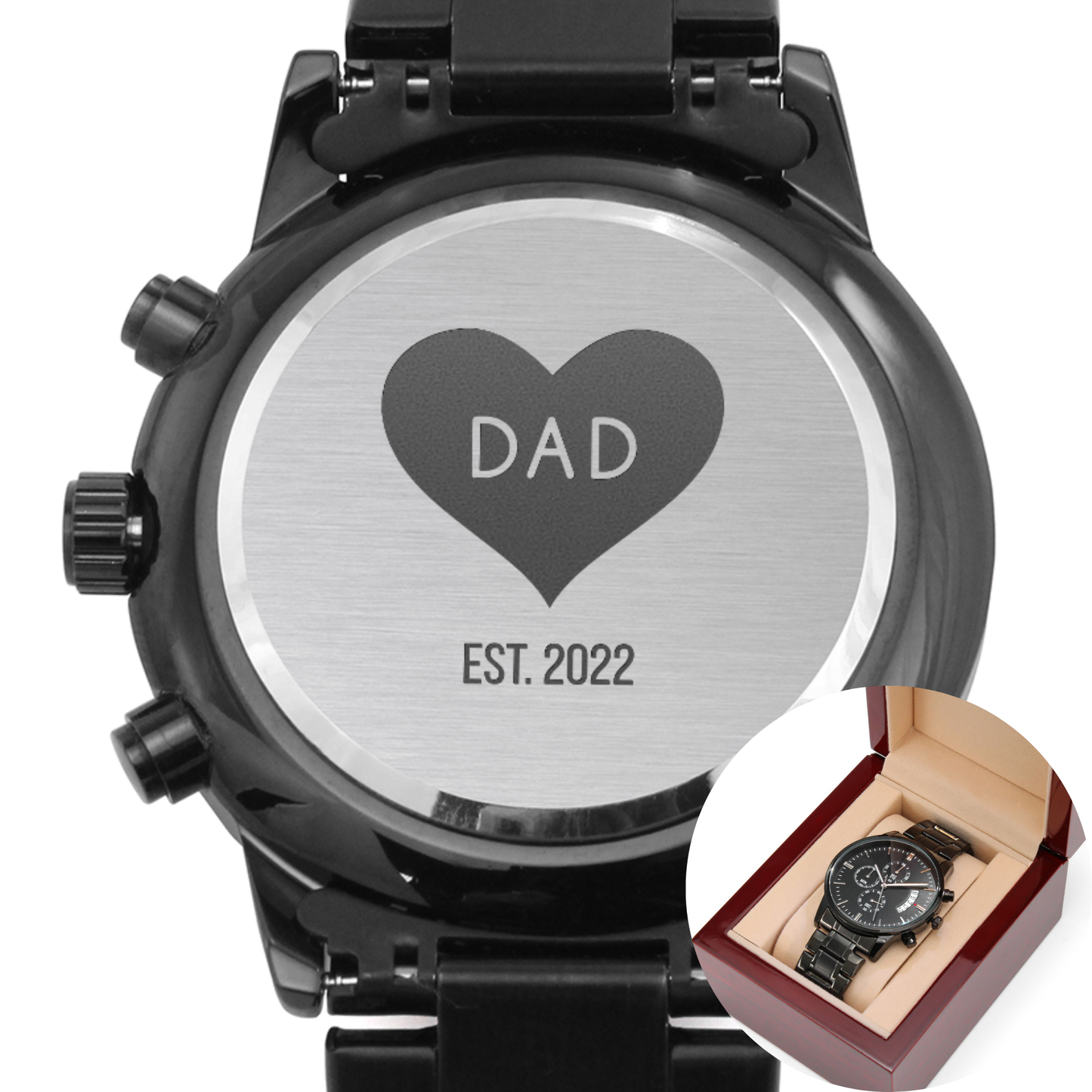 Custom Engraved Black Chronograph Watch with personalized date, WED05