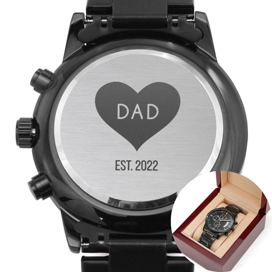 Custom Engraved Black Chronograph Watch with personalized date, WED05