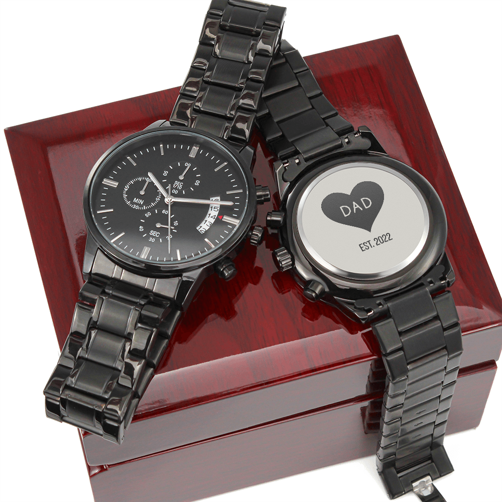 Custom Engraved Black Chronograph Watch with personalized date, WED05