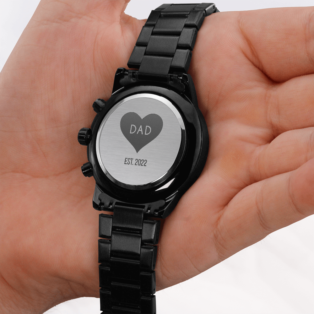 Custom Engraved Black Chronograph Watch with personalized date, WED05