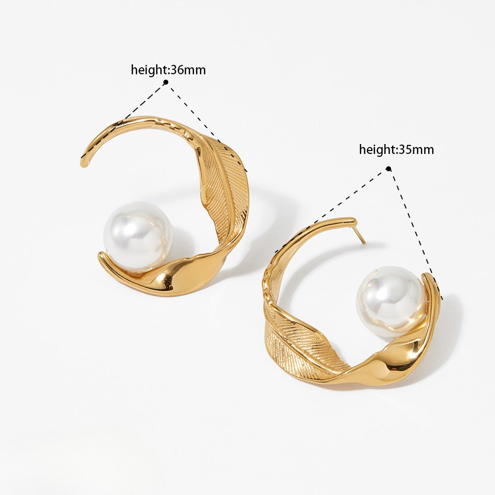 C Shape Earrings for Women | Waterproof Non Tarnish 304 Stainless Steel with 16K Real Gold Plated PVD Coating and Artificial Pearl Inlay