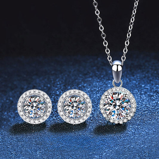 925 Sterling Silver Set with Round Moissanite, Platinum Plated 0.03 µm Thickness, Necklace and Earrings for Women