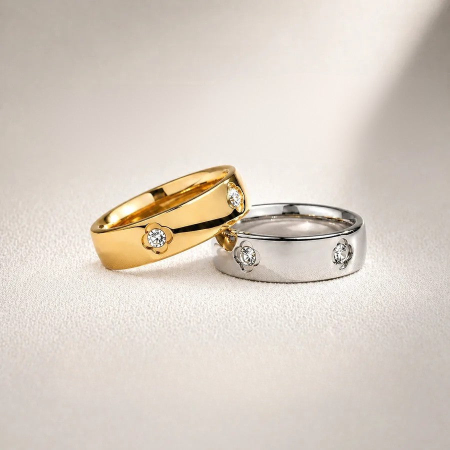 Lucky Heart Ring in 304 Stainless Steel with Real Gold Plated and Rhinestones, Matching Rings