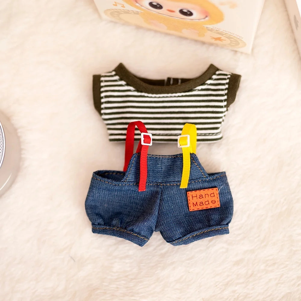 17cm Labubu Baby Coat Colorful Bubble Gum Checkered Overalls Labubu Doll Plush Toy Doll Costume Baby Coat