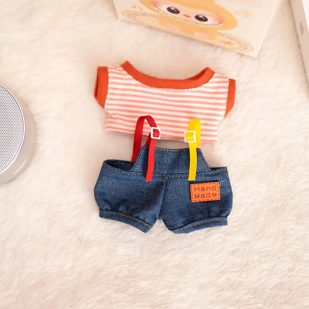 17cm Labubu Baby Coat Colorful Bubble Gum Checkered Overalls Labubu Doll Plush Toy Doll Costume Baby Coat