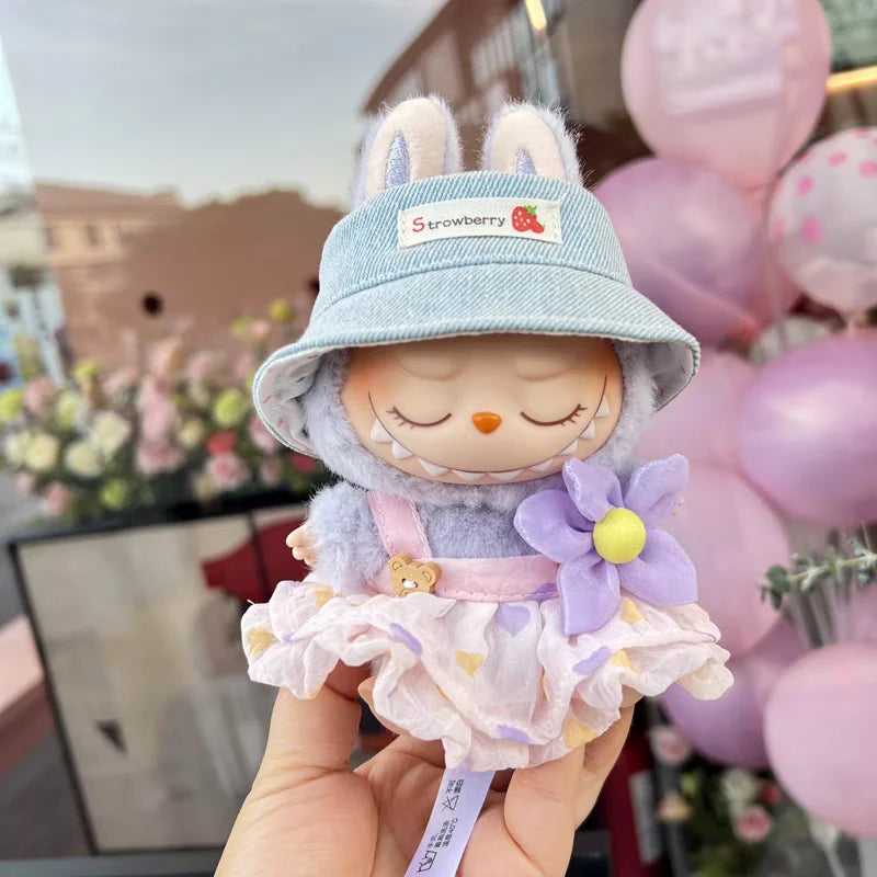 For 10.5/17cm Labubu Doll Outfit Wrinkled Skirt Flower Hairpin Set Fisherman Hat Labubu Clothes Labubu 4.0 pin for love ropa