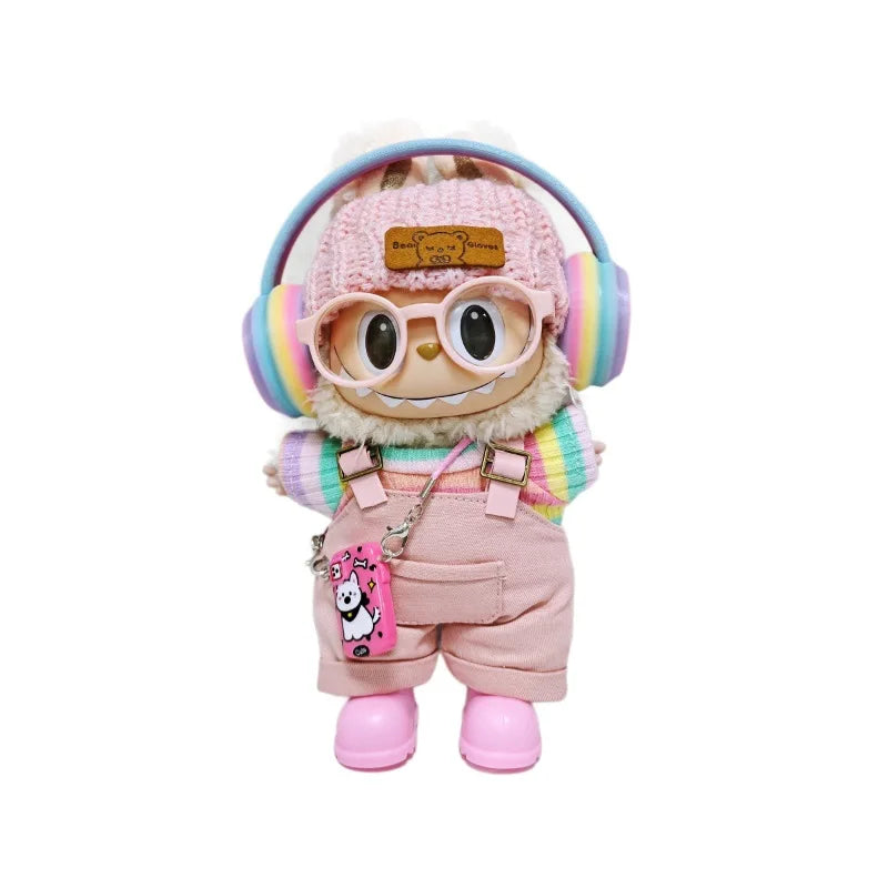 Labubu clothes | Pink overalls, colorful headphone sets, rainbow-colored pleated skirt clothing | Labubu accessories