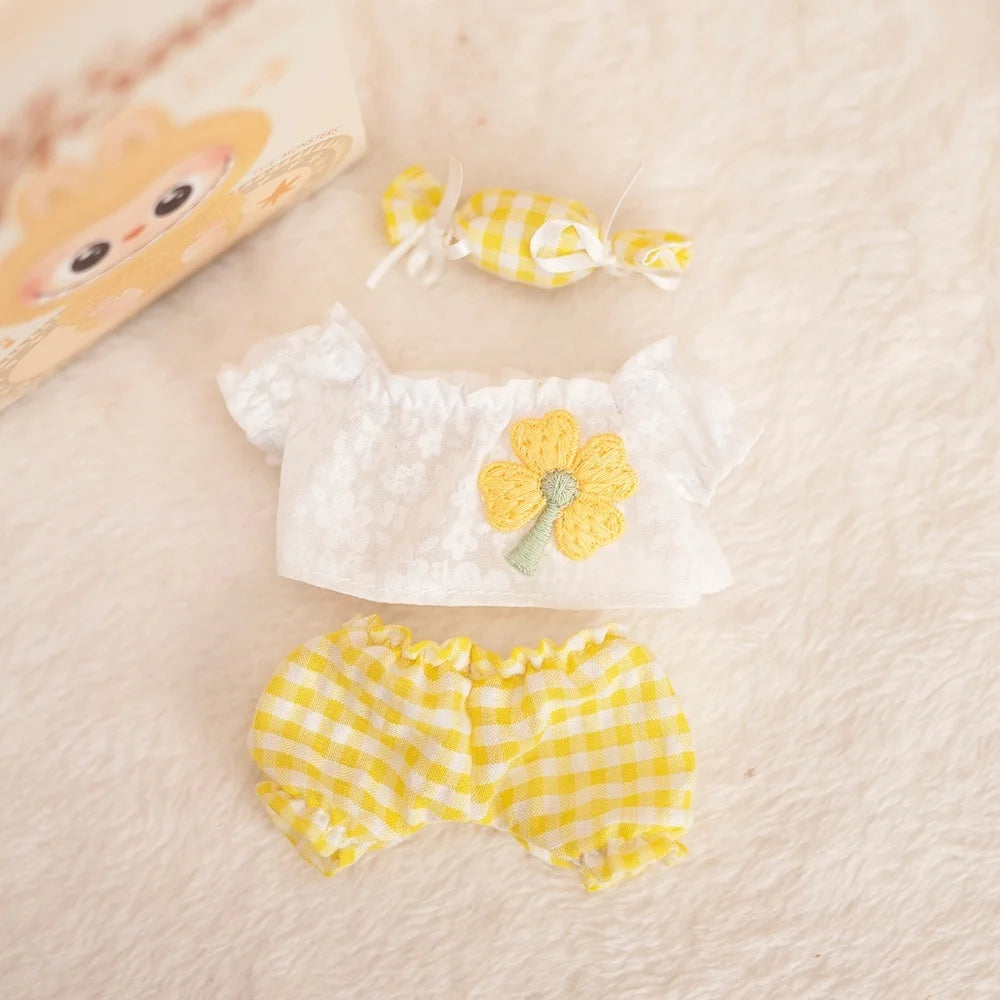 17cm Labubu Baby Coat Colorful Bubble Gum Checkered Overalls Labubu Doll Plush Toy Doll Costume Baby Coat