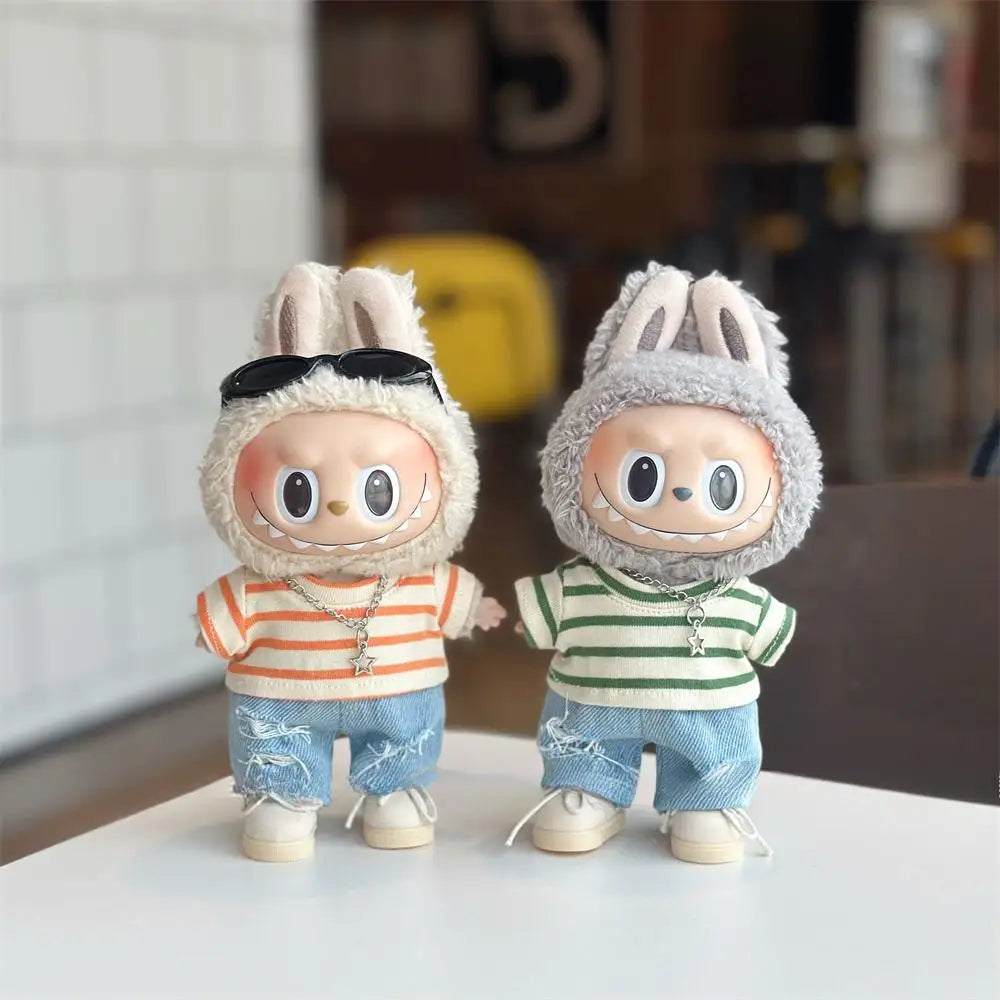 Mini Doll'S Clothes Outfit Accessories For 15-17cm Ropa Labubu and 10cm cotton doll Striped T-shirt 3-piece set Clothing