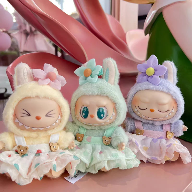 For 10.5/17cm Labubu Doll Outfit Wrinkled Skirt Flower Hairpin Set Fisherman Hat Labubu Clothes Labubu 4.0 pin for love ropa