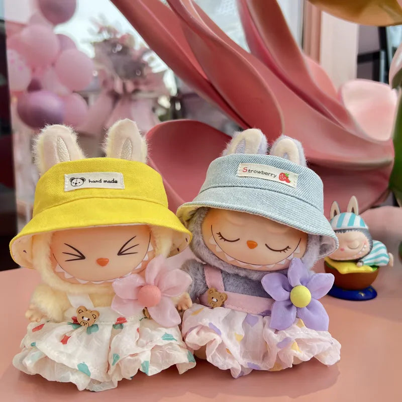 For 10.5/17cm Labubu Doll Outfit Wrinkled Skirt Flower Hairpin Set Fisherman Hat Labubu Clothes Labubu 4.0 pin for love ropa