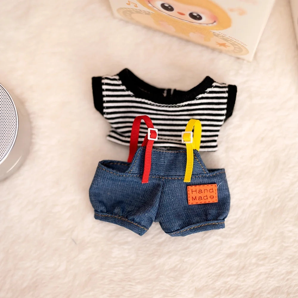 17cm Labubu Baby Coat Colorful Bubble Gum Checkered Overalls Labubu Doll Plush Toy Doll Costume Baby Coat