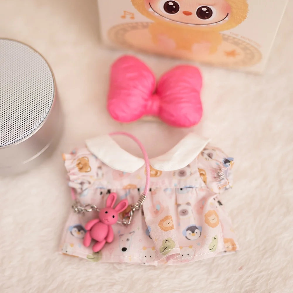 17cm Labubu Baby Coat Colorful Bubble Gum Checkered Overalls Labubu Doll Plush Toy Doll Costume Baby Coat