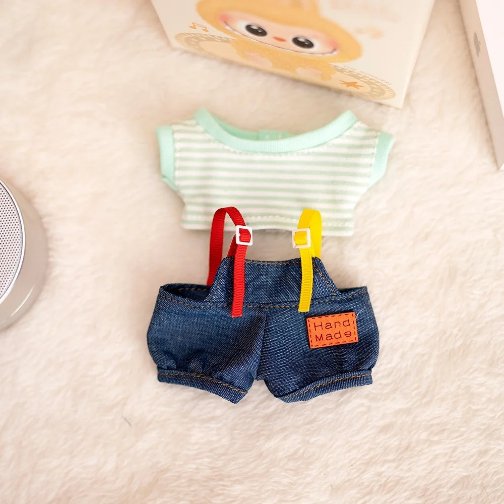 17cm Labubu Baby Coat Colorful Bubble Gum Checkered Overalls Labubu Doll Plush Toy Doll Costume Baby Coat