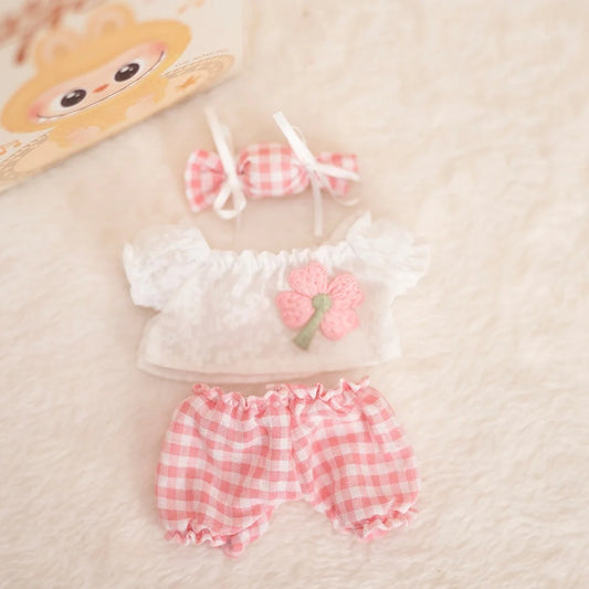 17cm Labubu Baby Coat Colorful Bubble Gum Checkered Overalls Labubu Doll Plush Toy Doll Costume Baby Coat