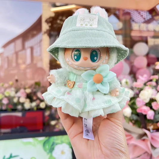 For 10.5/17cm Labubu Doll Outfit Wrinkled Skirt Flower Hairpin Set Fisherman Hat Labubu Clothes Labubu 4.0 pin for love ropa