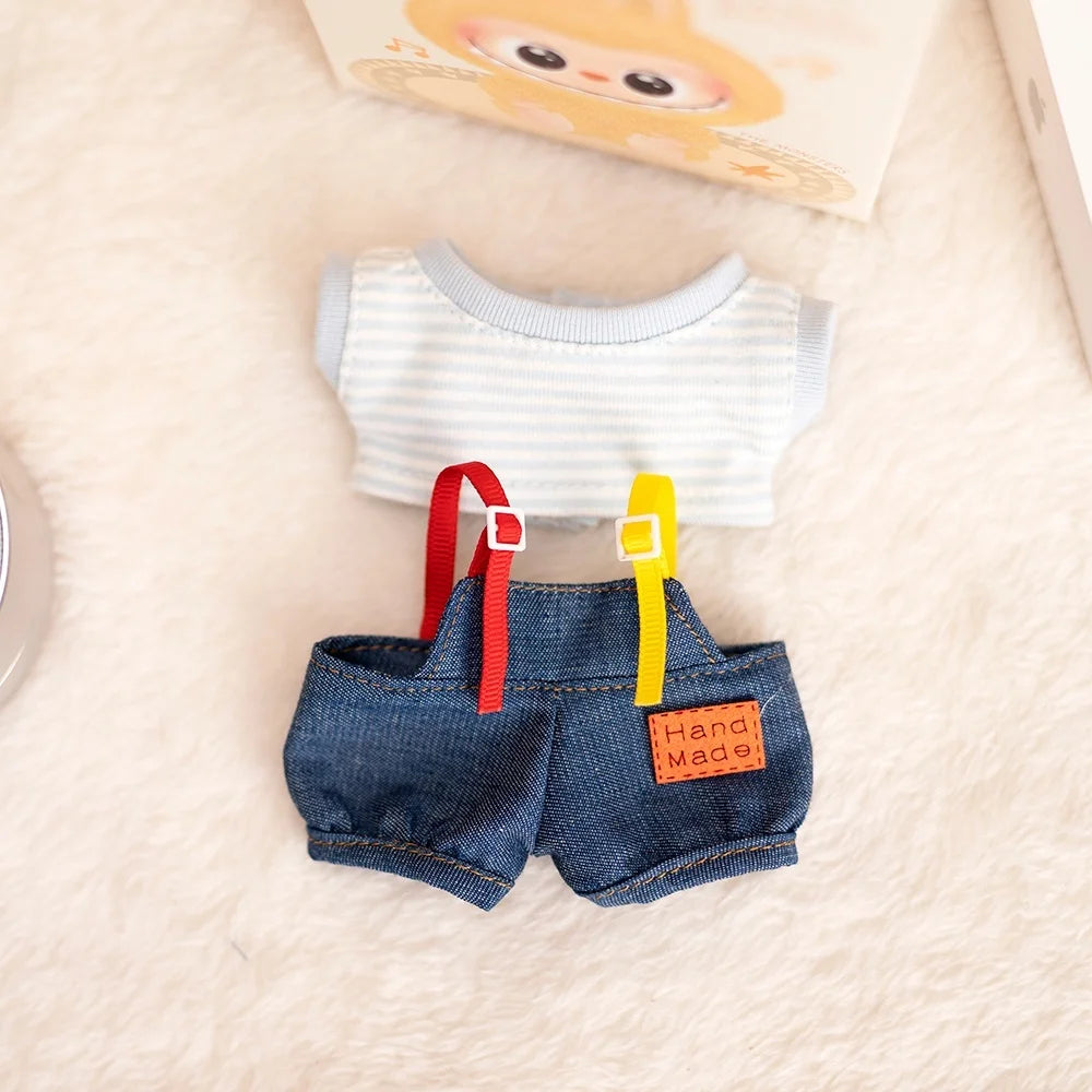 17cm Labubu Baby Coat Colorful Bubble Gum Checkered Overalls Labubu Doll Plush Toy Doll Costume Baby Coat