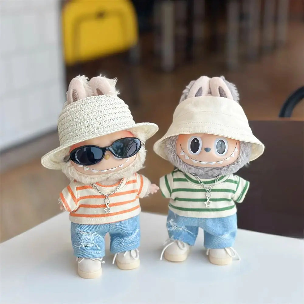 Mini Doll'S Clothes Outfit Accessories For 15-17cm Ropa Labubu and 10cm cotton doll Striped T-shirt 3-piece set Clothing