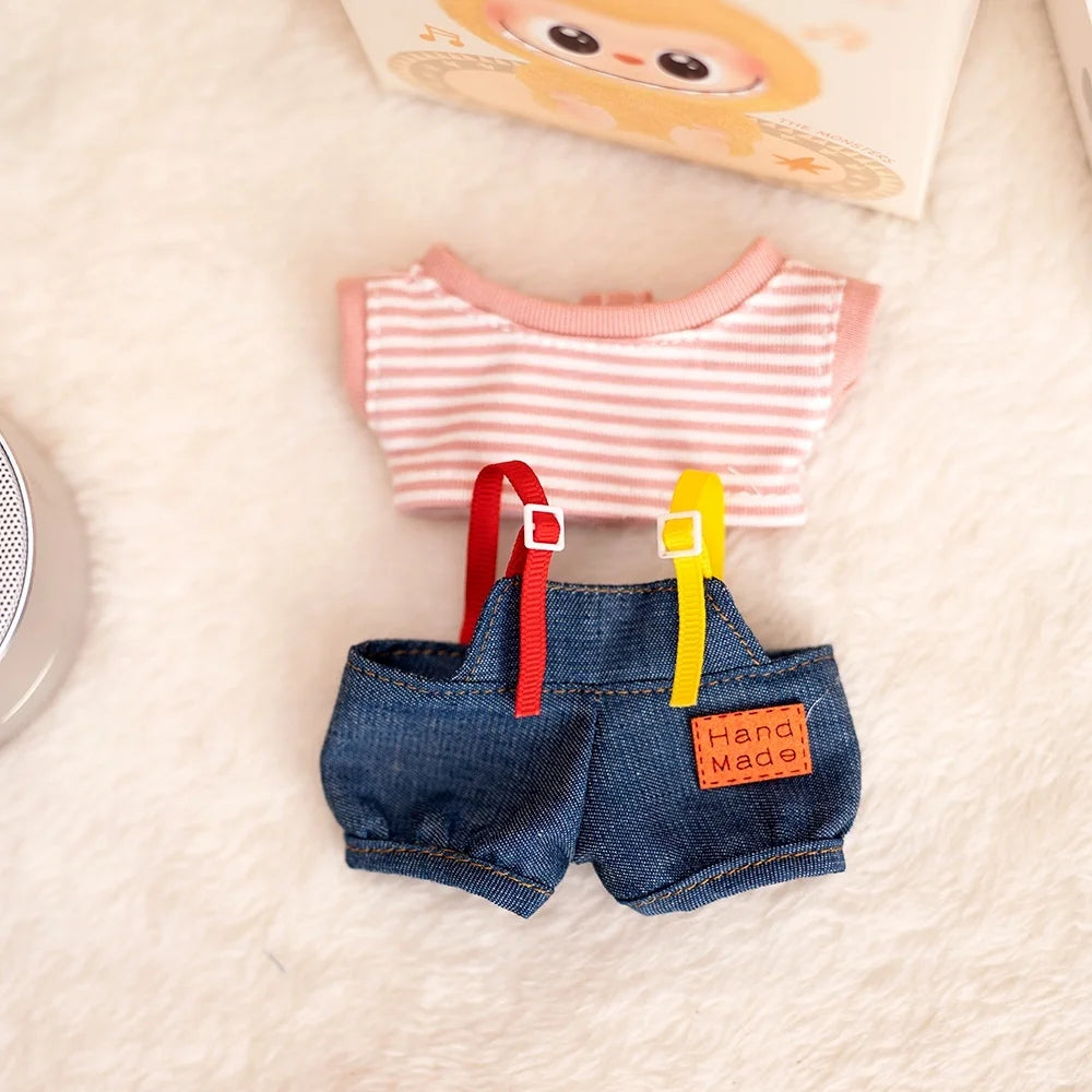 17cm Labubu Baby Coat Colorful Bubble Gum Checkered Overalls Labubu Doll Plush Toy Doll Costume Baby Coat