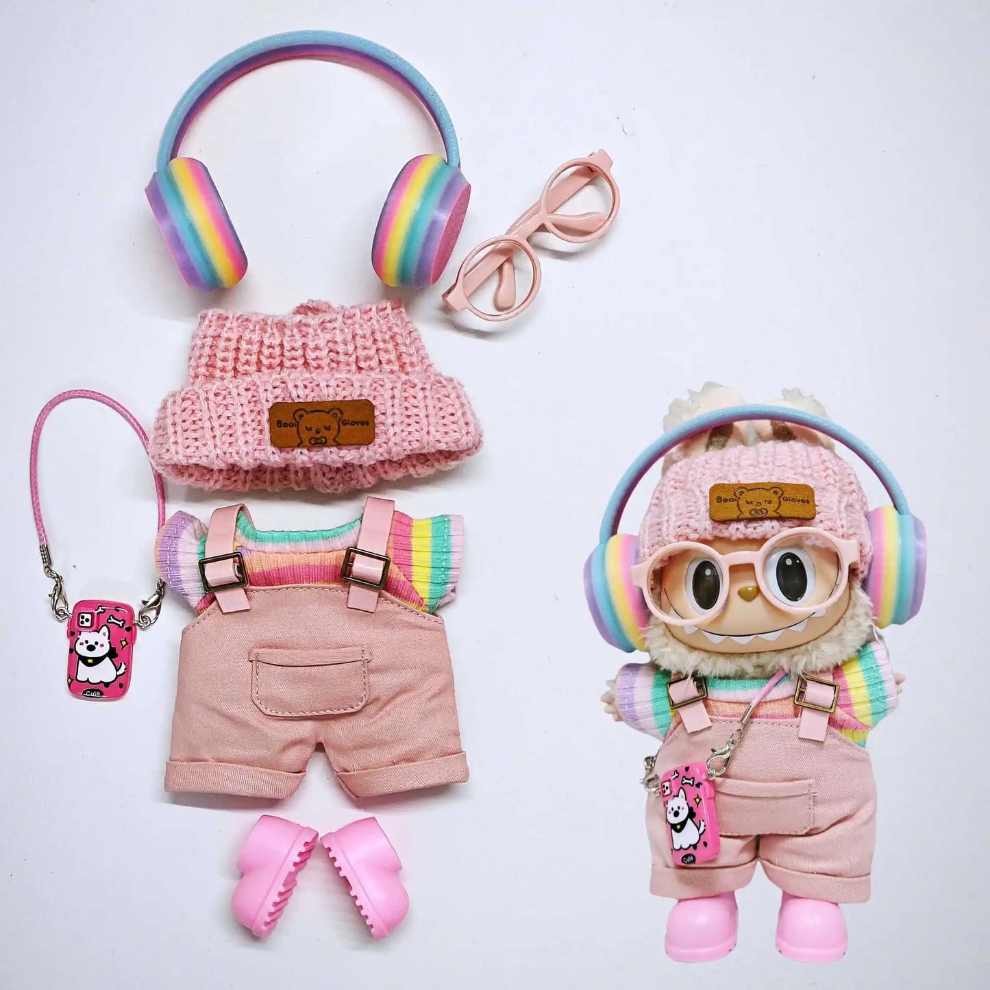 Labubu clothes | Pink overalls, colorful headphone sets, rainbow-colored pleated skirt clothing | Labubu accessories
