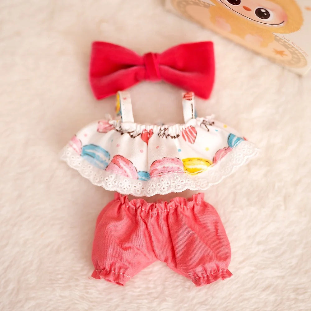 17cm Labubu Baby Coat Colorful Bubble Gum Checkered Overalls Labubu Doll Plush Toy Doll Costume Baby Coat