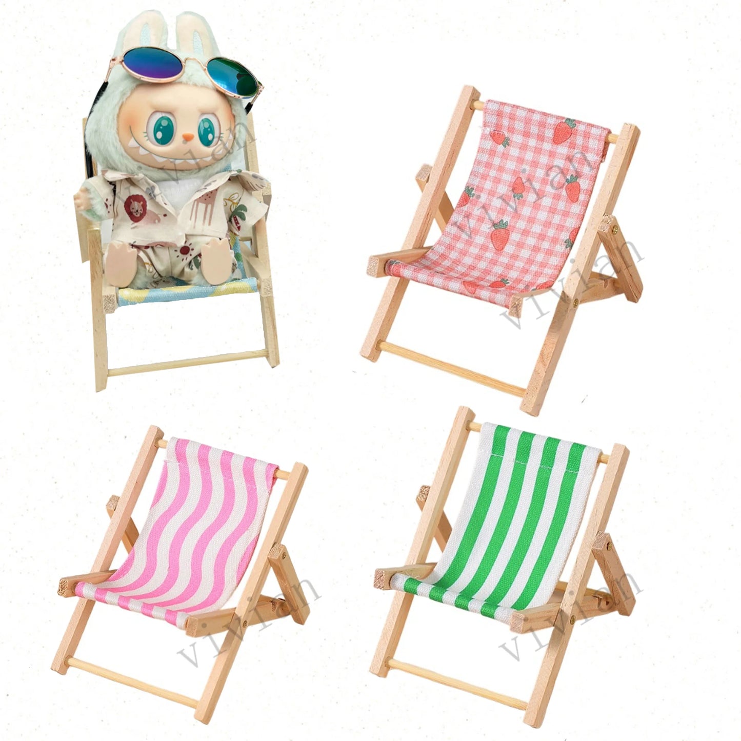 Doll'S Chair Outfit Accessories For Ropa Labubu 10cm cotton doll Summer vacation Wooden beach reclining camping chair ornament