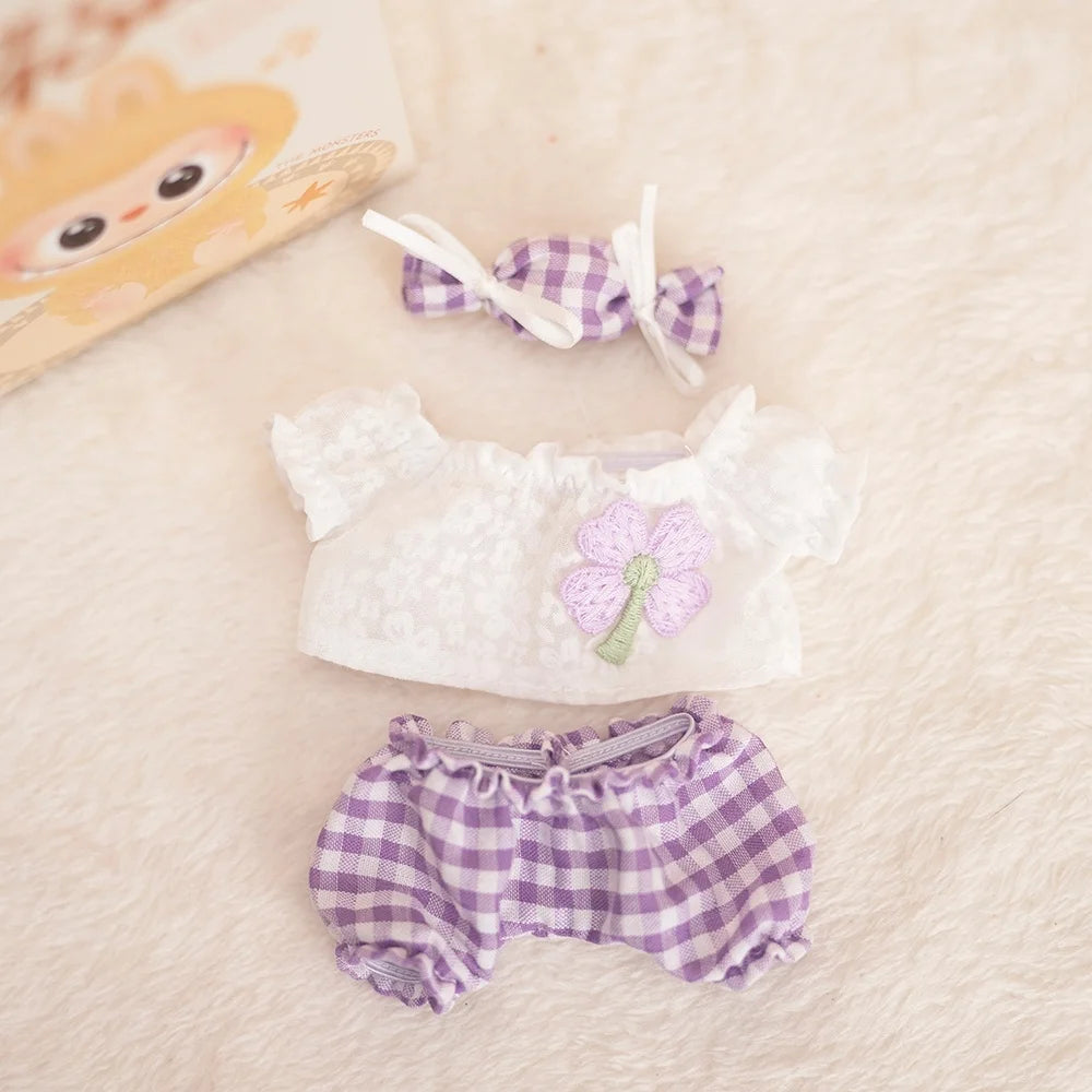 17cm Labubu Baby Coat Colorful Bubble Gum Checkered Overalls Labubu Doll Plush Toy Doll Costume Baby Coat