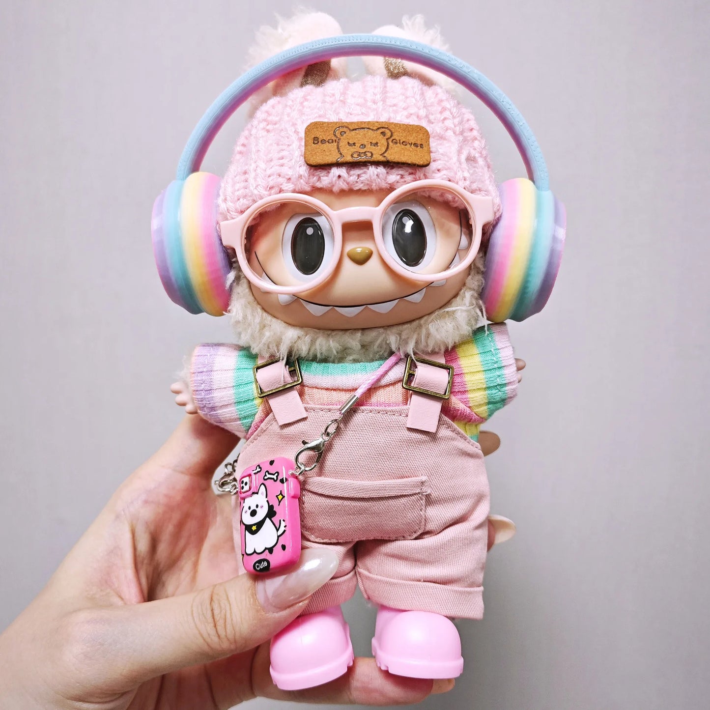 Labubu clothes | Pink overalls, colorful headphone sets, rainbow-colored pleated skirt clothing | Labubu accessories
