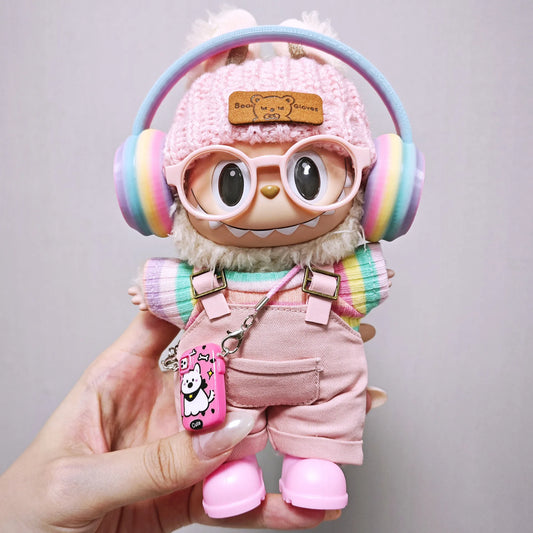 Labubu clothes | Pink overalls, colorful headphone sets, rainbow-colored pleated skirt clothing | Labubu accessories