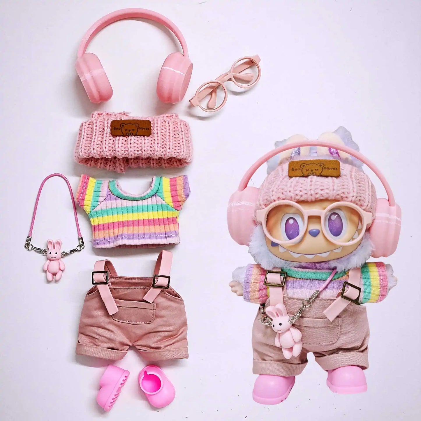 Labubu clothes | Pink overalls, colorful headphone sets, rainbow-colored pleated skirt clothing | Labubu accessories