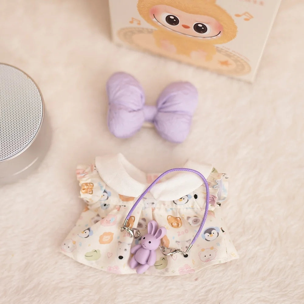 17cm Labubu Baby Coat Colorful Bubble Gum Checkered Overalls Labubu Doll Plush Toy Doll Costume Baby Coat