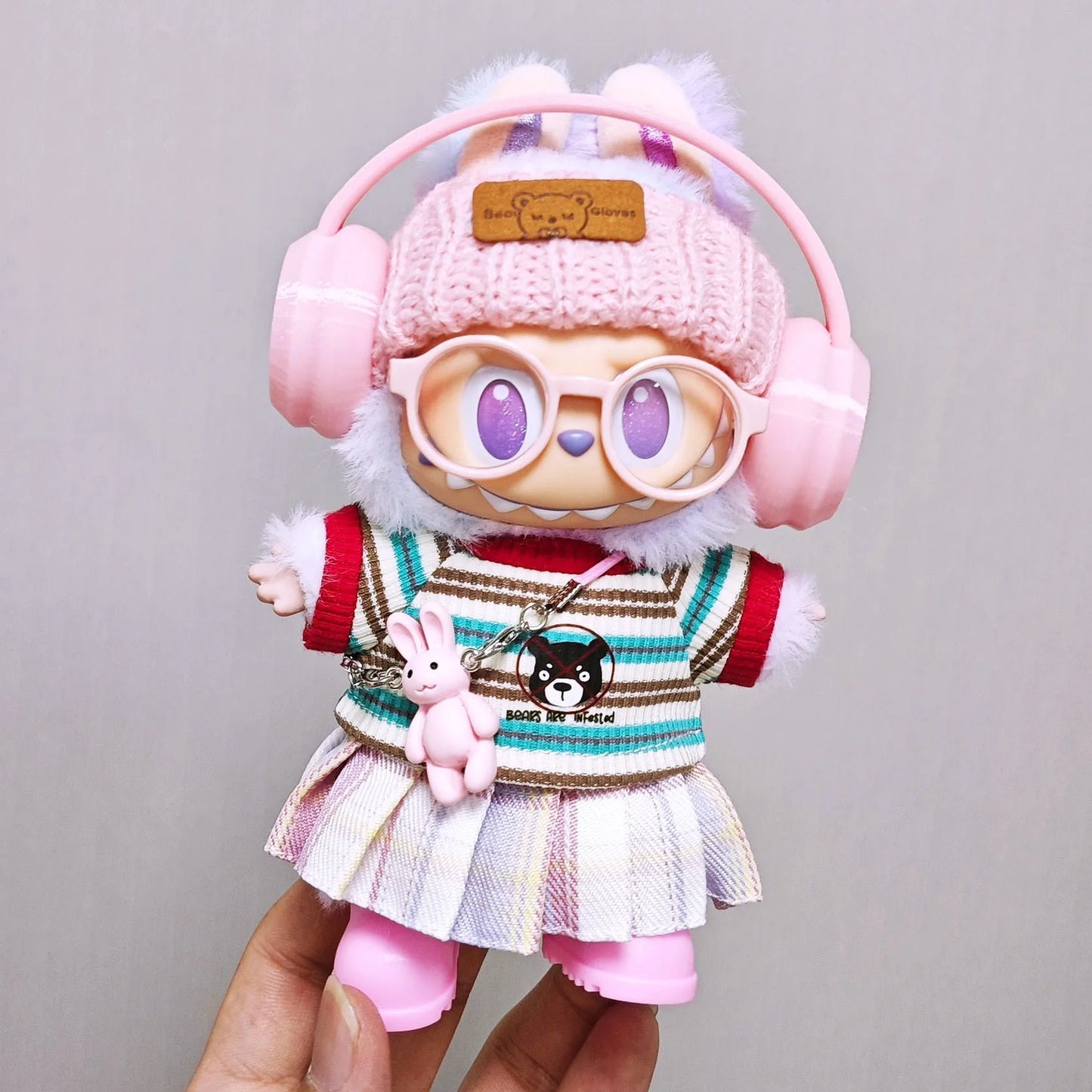 Labubu clothes | Pink overalls, colorful headphone sets, rainbow-colored pleated skirt clothing | Labubu accessories